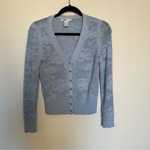 White House Black Market Size XXS baby blue floral knitted stretchy cardigan